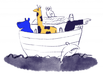 animals and man on boat directing elsewhere