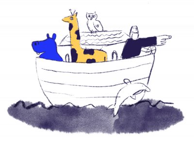 animals and man on boat directing elsewhere