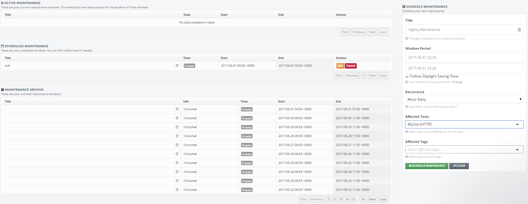 StatusCake Uptime Monitoring - Maintenance Windows